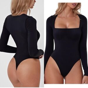 QINSEN‎ Women's Sexy Square Neck Bodysuit Long Sleeve Double Lined Shirt Tops M